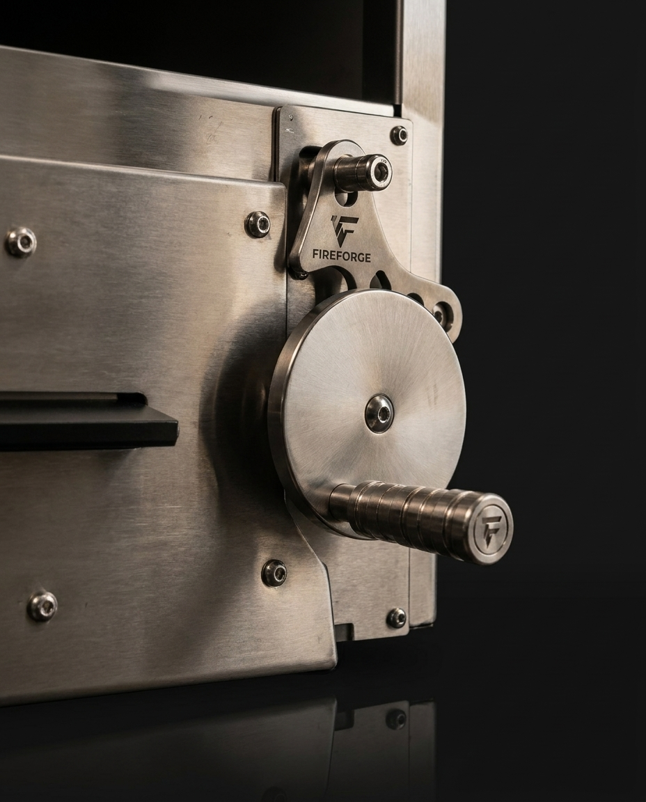 Macro detail of the Fireforge T1100 crank-driven raise and lower grill mechanism, machined stainless steel